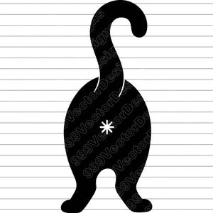 May include: A black silhouette of a cat's rear end, tail arched, with a white asterisk marking the location of the cat's anus. The image is set against a background of horizontal grey lines.