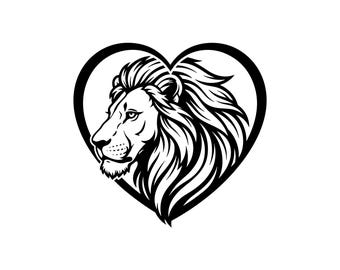 Ilustración vectorial de marco de corazón con cabeza de león, SVG, PNG, JPG, arte de cabeza de león, clipart de león, silueta de león, diseño de león salvaje, amante de los leones, Cricut