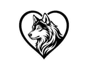 Ilustración vectorial de cabeza de lobo en marco de corazón, SVG, PNG, JPG, arte de lobo, clipart de lobo, silueta de lobo, diseño de lobo con corazón, amante de los lobos, Cricut