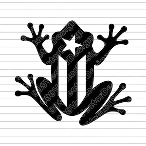 May include: Black silhouette of a frog with the flag of Puerto Rico incorporated into its design. The frog's body is formed by the flag's stripes and star, with outstretched limbs.