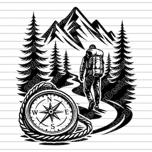 Ilustración vectorial de aventura de senderismo, SVG, PNG, JPG, arte, clipart, silueta, excursionista de montaña, sendero forestal, diseño de brújula, diseño de Cricut