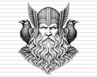Odin with Ravens Vector Illustration: Norse Viking Clipart (SVG, PNG, JPG)