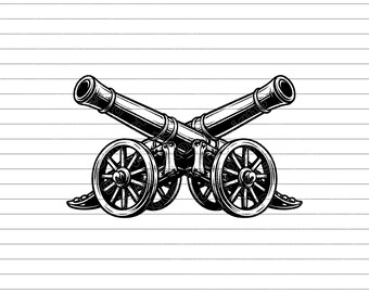 Crossed Cannons Vector Illustration, SVG, PNG, JPG, Cannon Clipart, Military, Cannon Silhouette, War Symbol Design, Vintage Cannons, Cricut