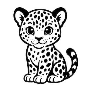 May include: A black and white cartoon illustration of a sitting leopard cub. The cub has large, round eyes, a small nose, and a smiling mouth. Its body is covered in black spots, and it has a curved tail.