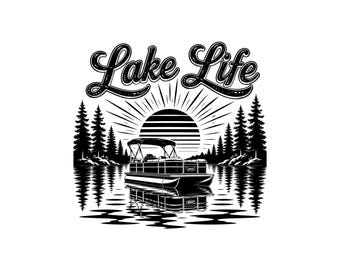 Lake Life Sunset Pontoon Vector Illustration, SVG, PNG, JPG, Lake Life Sunset Pontoon, Pontoon Clipart, Silhouette, Cricut, Pontoon Design