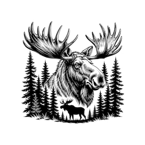 Può includere: Illustrazione in bianco e nero di un alce con grandi corna, ambientata tra pini. È visibile anche una silhouette più piccola di un alce. Adatta per prodotti a tema natura.