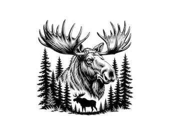Moose Forest Vector Illustration, SVG, PNG, JPG, Moose Forest Clipart, Moose Silhouette, Forest Cricut, Nature Design, Wildlife Art, Cricut