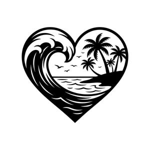 Heart Palm Tree Ocean Wave Vector Illustration, SVG, PNG, JPG, Tropical Beach Art, Summer Vibes, Vacation Mood, Surfing Art, Heart Shaped