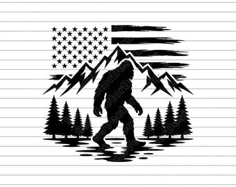 Bigfoot with American Flag Vector Illustration, SVG, PNG, JPG, Patriotic Bigfoot Art, Sasquatch Clipart, Bigfoot Silhouette, Forest Design