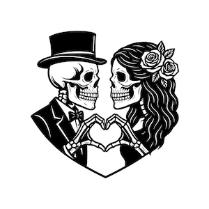 May include: A black and white graphic illustration of two skeletons facing each other. The skeleton on the left wears a top hat and tuxedo with a bowtie. The skeleton on the right has long hair adorned with two roses. Their hands form a heart shape.