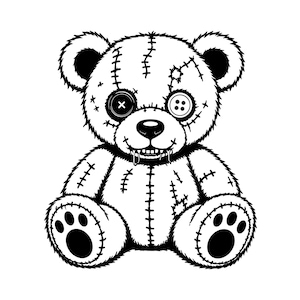 May include: A black and white graphic illustration of a teddy bear with stitched seams, a patch on its head, and mismatched button eyes. The bear features a wide, toothy grin with visible drool, and paw pads on its feet, rendered in high contrast.