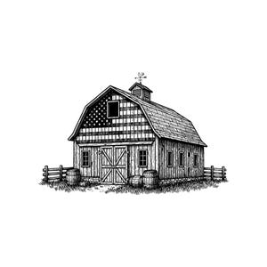 May include: Detailed black and white illustration of a barn with an American flag design on the front. The barn features a wooden fence, barrels, and a weather vane. The artwork is a pen and ink style.