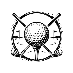 May include: A black and white graphic illustration featuring a golf ball resting on a tee in the center. Two crossed golf clubs are positioned behind the ball. The entire design is enclosed within a circular border with a golf course background.