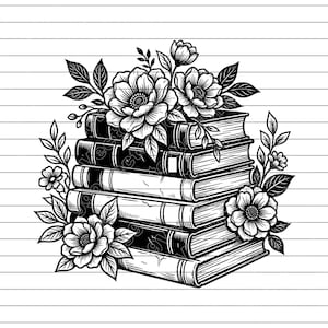May include: Black and white illustration of a stack of books adorned with floral elements. The books are arranged in a neat pile, with detailed line art depicting the pages and spines. Flowers and leaves are artfully arranged around the books.