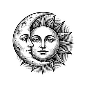 Illustrazione vettoriale del volto di Sole e Luna, SVG, PNG, JPG, Arte del Sole e della Luna, Clipart del Sole e della Luna, Silhouette del Sole e della Luna, Design celeste, Simbolo cosmico