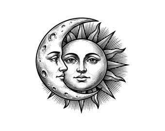 Sun and Moon Face Vector Illustration, SVG, PNG, JPG, Sun Moon Art, Sun Moon Clipart, Sun Moon Silhouette, Celestial Design, Cosmic Symbol