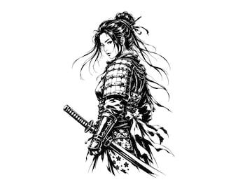 Female Samurai Vector Illustration, SVG, PNG, JPG, Female Samurai, Samurai Clipart, Samurai Silhouette, Samurai Cricut, Samurai Design,  Art