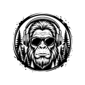 Bigfoot Headphones Sunglasses Vector Illustration, SVG, PNG, JPG, Bigfoot, Clipart, Bigfoot Silhouette, Cool Bigfoot Design, Music Lover