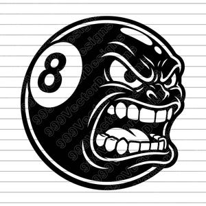 Puede incluir: Gráfico en blanco y negro de una cara enfadada incorporada en una bola ocho. La bola ocho tiene el número 8 en blanco. La cara tiene la boca abierta con dientes visibles y el ceño fruncido.