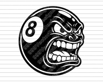 Angry Billiard 8 Ball Vector Illustration, SVG, PNG, JPG, Billiard Ball Art, Pool Ball Clipart, 8 Ball Silhouette, Angry Pool Design, Cricut