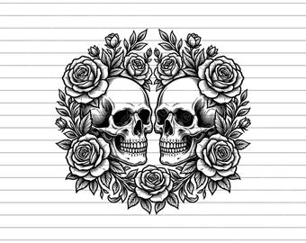 Couple Skulls with Roses Vector Illustration, SVG, PNG, JPG, Skull Couple, Skull Clipart, Skull Silhouette, Romantic Skulls, Cricut Design