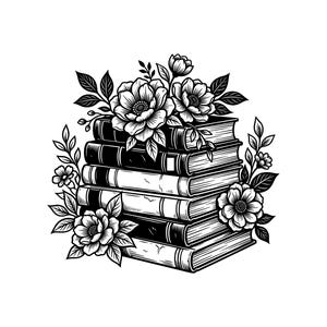 Books Stack with Flowers Vector Illustration, SVG, PNG, JPG, Floral Books Art, Books Clipart, Books Silhouette, Reading Design, Book Lover