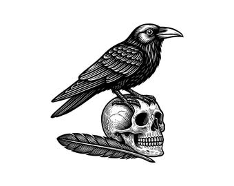 Raven Perched on Human Skull Vector Illustration, SVG, PNG, JPG, Raven, Raven Clipart, Raven Silhouette, Skull Raven Design, Gothic Artwork