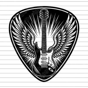Puede incluir: Gráfico en blanco y negro de una guitarra eléctrica con alas, dentro de una forma de púa. La guitarra tiene un cuerpo blanco y un mástil negro. Las alas están detalladas con patrones de plumas.