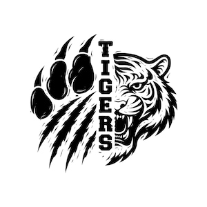 May include: A black and white graphic illustration featuring a stylized tiger head on the right side and a large claw mark on the left. The word TIGERS is written vertically in bold, block capital letters between the claw marks and the tiger face.