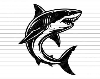 Great White Shark Vector Illustration, SVG, PNG, JPG, Shark Art, Shark Clipart, Shark Silhouette, Ocean Predator Design, Marine Life Print