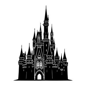 May include: A black silhouette of a fairytale castle with multiple spires and towers. The castle features arched windows and a large central tower, set against a white background. The design is detailed and intricate.