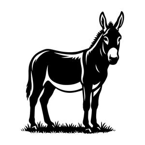May include: A black and white illustration of a donkey standing on grass. The donkey is depicted in a side profile, with its ears perked up and its tail down. The image is a simple, clean design.