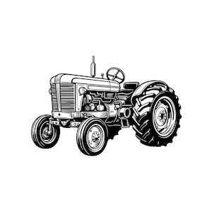 May include: Black and white illustration of a vintage tractor. The tractor features a detailed engine, large rear tires, and a steering wheel. The design is a classic representation of farm machinery.