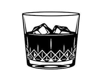 May include: Black and white illustration of a rocks glass filled with a dark liquid and ice cubes. The glass has a decorative diamond pattern on the lower half and a thick rim.