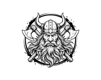 Bearded Viking With Crossed Axes Vector Illustration, SVG, PNG, JPG, Viking Warrior Art, Viking Clipart, Viking Silhouette, Warrior Viking