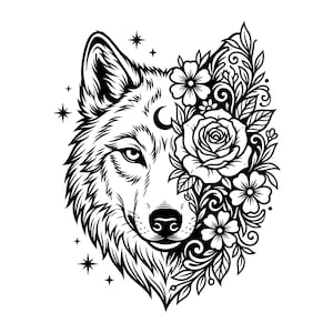 Celestial Floral Wolf Head Vector Illustration, SVG, PNG, JPG, Wolf Head, Floral Wolf Clipart, Wolf Silhouette, Wolf Design, Boho Wolf, Art