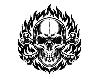Skull with Crossbones Flaming Vector Illustration, SVG, PNG, JPG, Skull Clipart, Fire Skull, Skull Silhouette, Flaming Skull Design, Skull