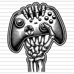 May include: Black and white illustration of a skeleton hand gripping a video game controller. The controller has buttons, a directional pad, and joysticks. The design is detailed with shading and lines.