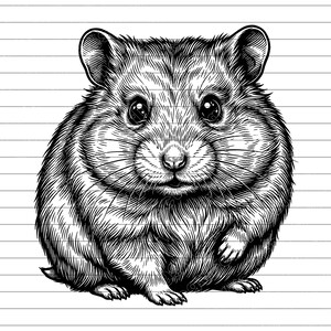May include: Detailed black and white illustration of a hamster. The hamster is depicted in a front-facing pose, with a fluffy body and detailed fur texture. The image has a vintage, engraved style, perfect for animal lovers.