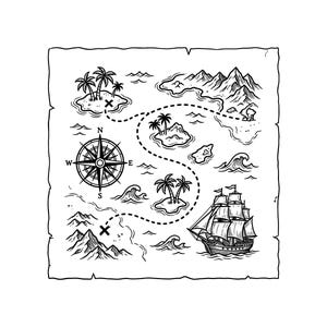 Puede incluir: Ilustración en blanco y negro de un mapa del tesoro. El mapa presenta una rosa de los vientos, un barco de vela, islas con palmeras, montañas y un camino punteado. El mapa tiene un borde texturizado y rasgado.