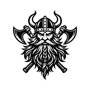 May include: A black and white graphic illustration of a Viking warrior wearing a horned helmet. The figure has a long, thick, braided beard and a stern expression. Two crossed battle axes are positioned behind the head of the warrior.