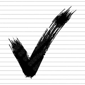 Puede incluir: Una marca de verificación negra, estilo pincelada, sobre un fondo blanco con líneas horizontales grises. La marca de verificación tiene una apariencia texturizada, lo que sugiere que fue creada con un pincel grueso.