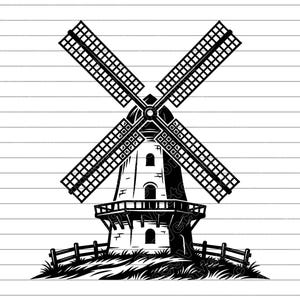 May include: Black and white illustration of a traditional windmill. The windmill features a tall, multi-story structure with a sloped roof and four large blades. A wooden fence and grassy area are at the base of the windmill.