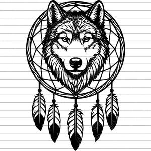 May include: A monochrome illustration of a wolf's head inside a dreamcatcher. The wolf is depicted with detailed fur and a focused gaze. The dreamcatcher features a web pattern, with five feathers suspended beneath.
