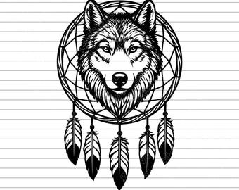Dream Catcher Wolf Vector Illustration, SVG, PNG, JPG, Wolf Cricut, Wolf Clipart, Wolf Silhouette, Tribal Wolf Design, Boho Dreamcatcher