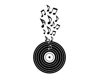 May include: A black and white graphic of a vinyl record with musical notes floating above it. The record has concentric circles and a central hole. The musical notes are in various sizes and positions, suggesting movement and sound.