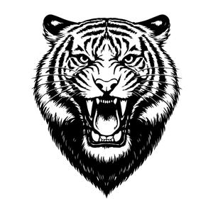 Puede incluir: Una ilustración gráfica en blanco y negro de una cabeza de tigre mirando al frente. El tigre tiene la boca abierta, mostrando dientes y colmillos afilados. El diseño presenta líneas de alto contraste y texturas de pelaje detalladas.