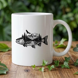 Trout Fish with Mountains Vector Illustration, SVG, PNG, JPG, Trout, Fishing Clipart, Trout Silhouette, Mountain Fish Design, Adventure Art