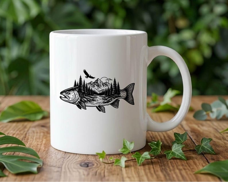 Trout Fish with Mountains Vector Illustration, SVG, PNG, JPG, Trout, Fishing Clipart, Trout Silhouette, Mountain Fish Design, Adventure Art