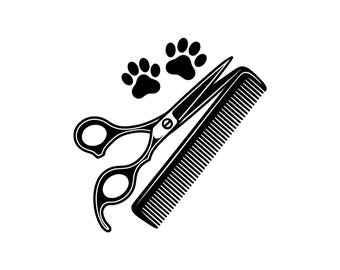 Strumenti per la toelettatura degli animali domestici con illustrazione vettoriale di impronte di zampa, SVG, PNG, JPG, strumenti per la toelettatura, clipart di impronte di zampa, silhouette per la toelettatura, design per la cura degli animali domestici